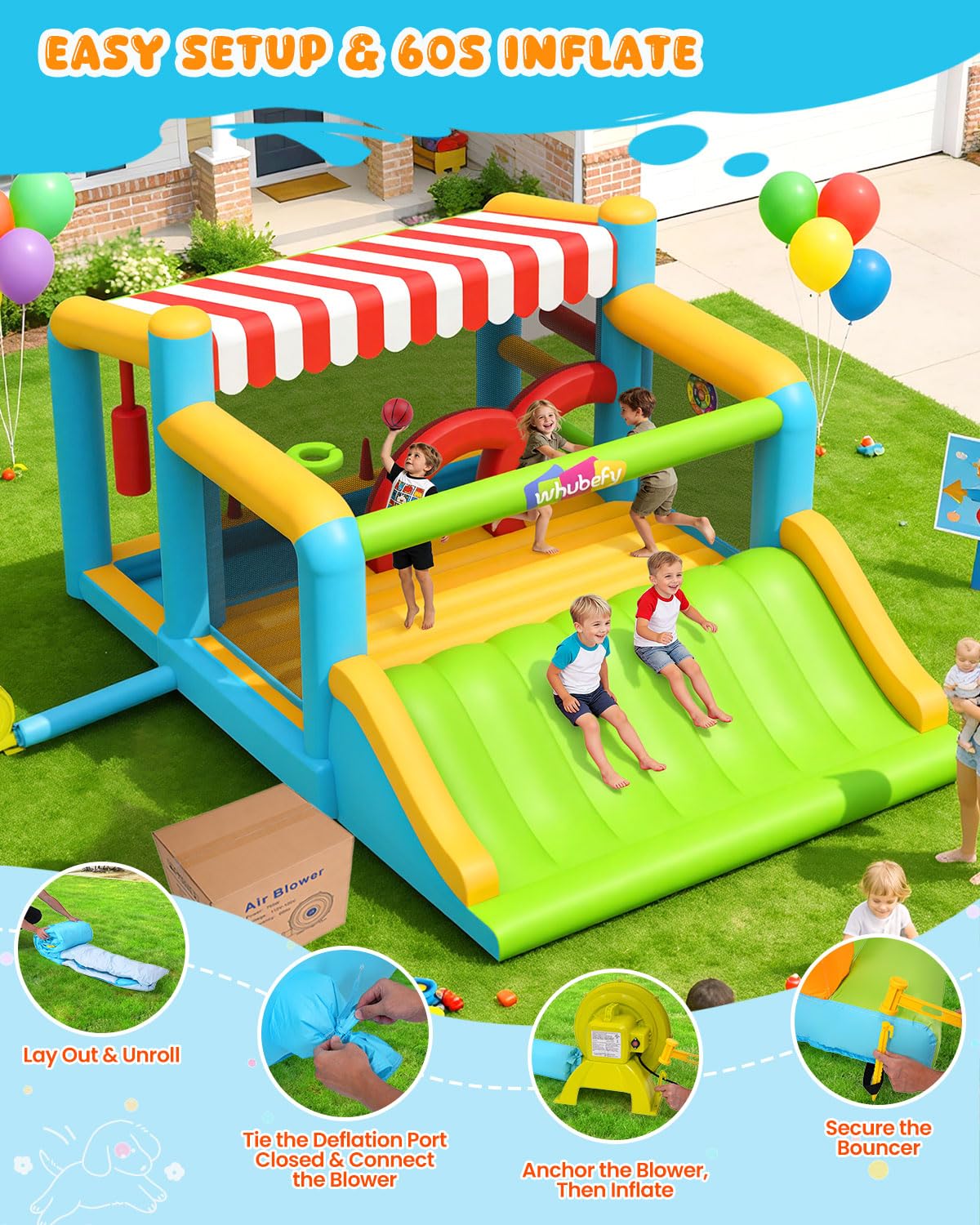 Whubefy Large Bounce House for Big Kids 8-12, 16x11.5FT Kid 3-6 Inflatable Obstacle Course w/XXL Slide, Jump Zone, Water Pool, Obstacle Bars, Ring Toss, 750W Blower, Outdoor Bouncy Castle Holds 6 Kids