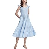 Ladyful Womens Summer Striped Midi Dress Square Neck Flowy Smocked Dress Casual Flutter Sleeve A-line Sundress