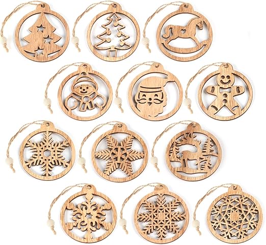 Anstore Navidad Colgantes Adornos De Madera Arbol De Navidad Retro Fiesta Decoracion Manualidades De Ronda Decorar Con Cuerda 12 Piezas Amazon Es Hogar