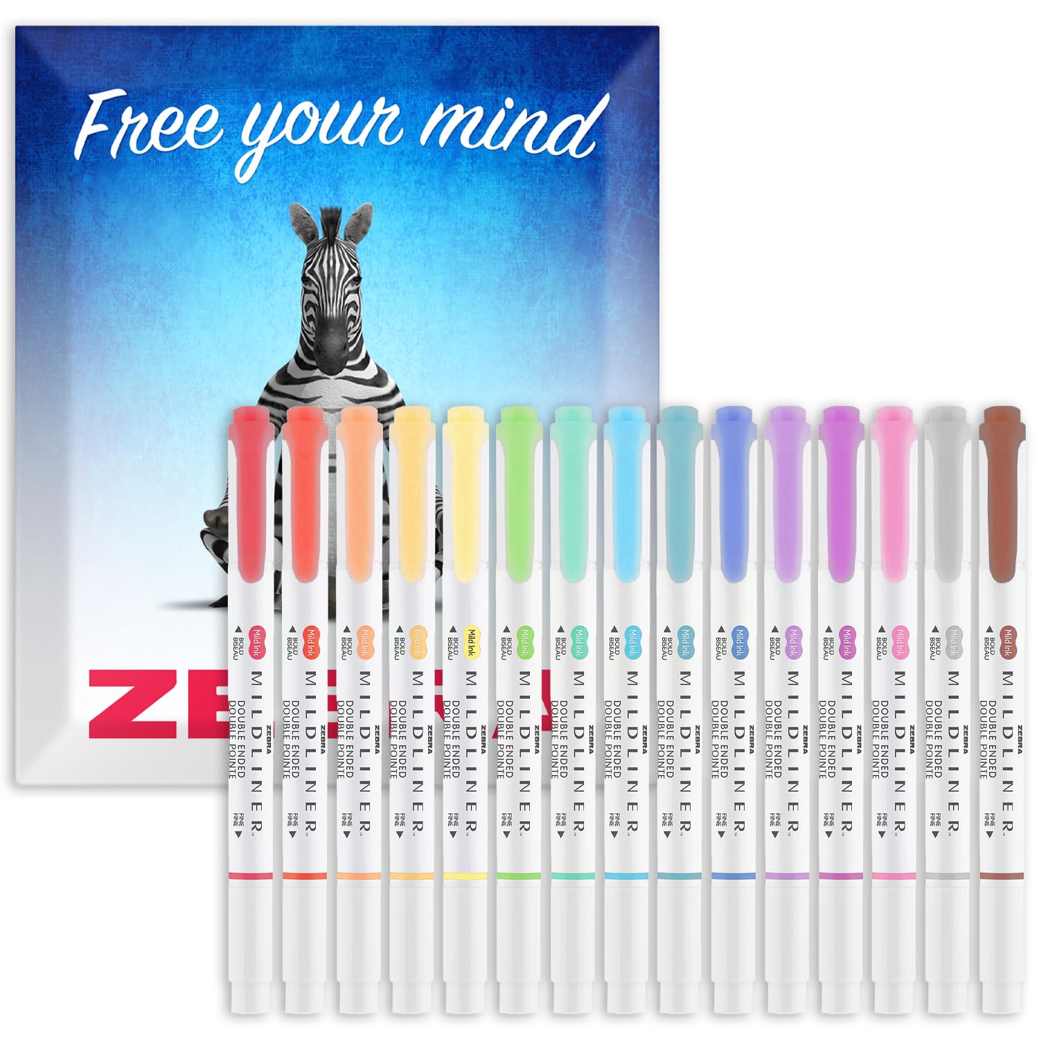 Zebra Pen Mildliner Dual Tip Highlighter Pens - Broad & Fine Tip Double Ended Markers - Pack of Colours in Envelope Gift Packaging - Acid-Free & Non Toxic Ink (15 Pack)