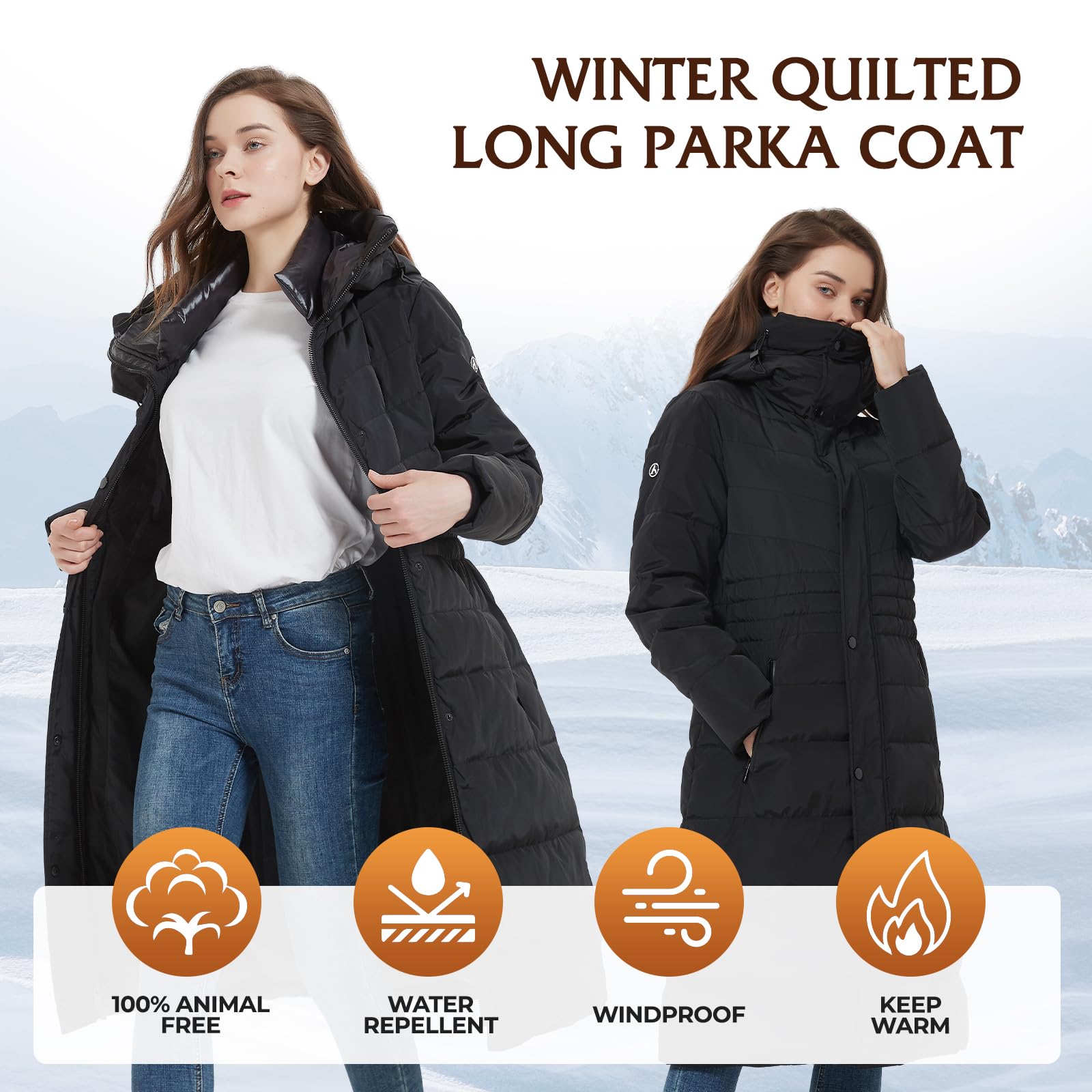 IKAZZ Women's Winter Coats, Thickened Warm Insulated Vegan Down Long Parka Jacket with Hood