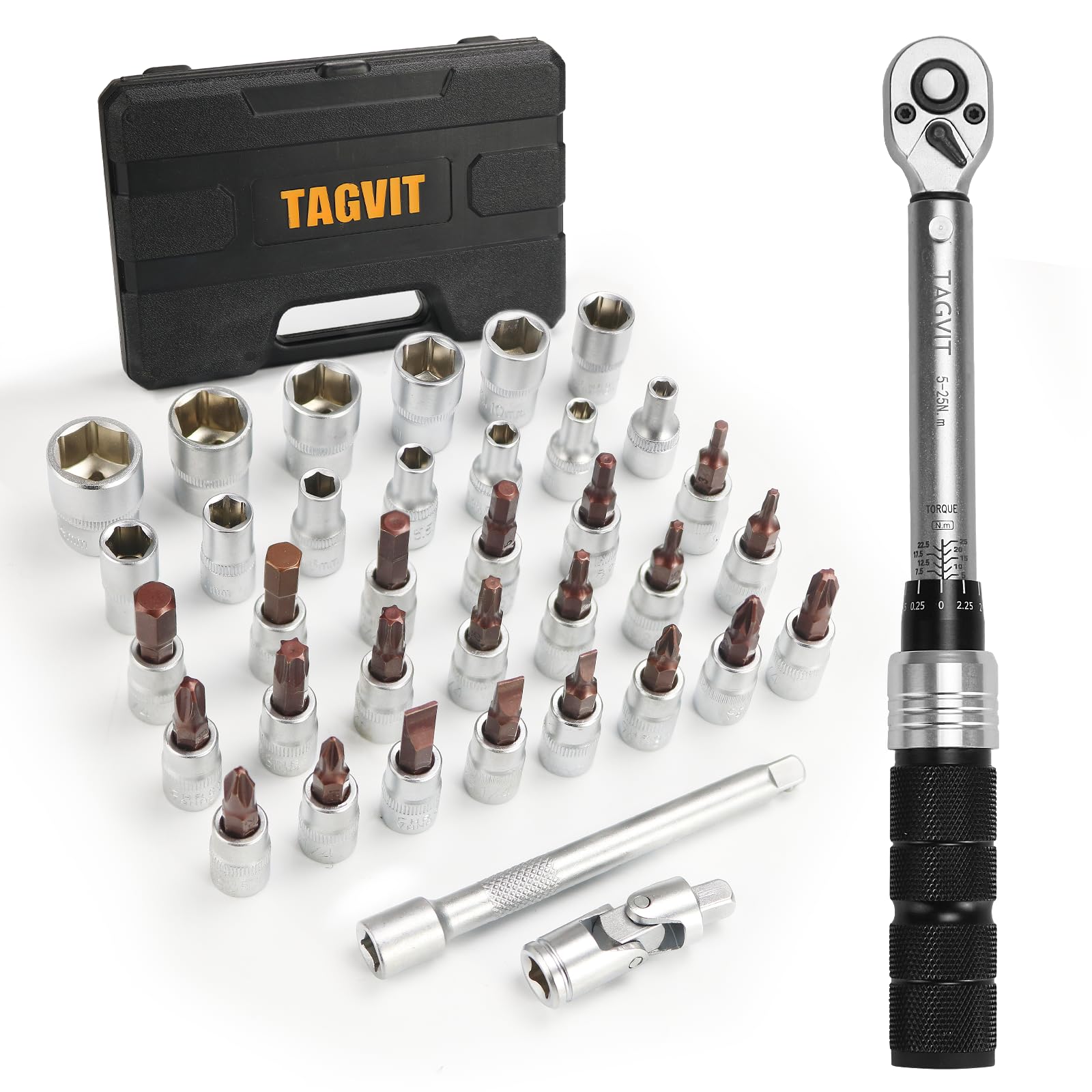 TAGVIT Torque Wrench 1/4 Inch, 5-25 Nm Bicycle & Motorcycle Torque Wrench 37 Pieces Set with Extension, Socket, Hex Socket, Hex and Torx Bits Kits for Bicycle MTB