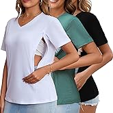 Ecavus Women's Nursing Shirts 3-Pack V Neck Breastfeeding Shirts with Hidden Zipper Short Sleeve Loose Fit Nursing Tops