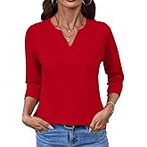 LOMON Women's 3/4 Length Sleeve Tops V Neck Dressy Casual Blouses Fashion Pleated Tunic Shirts Summer Fall 2025