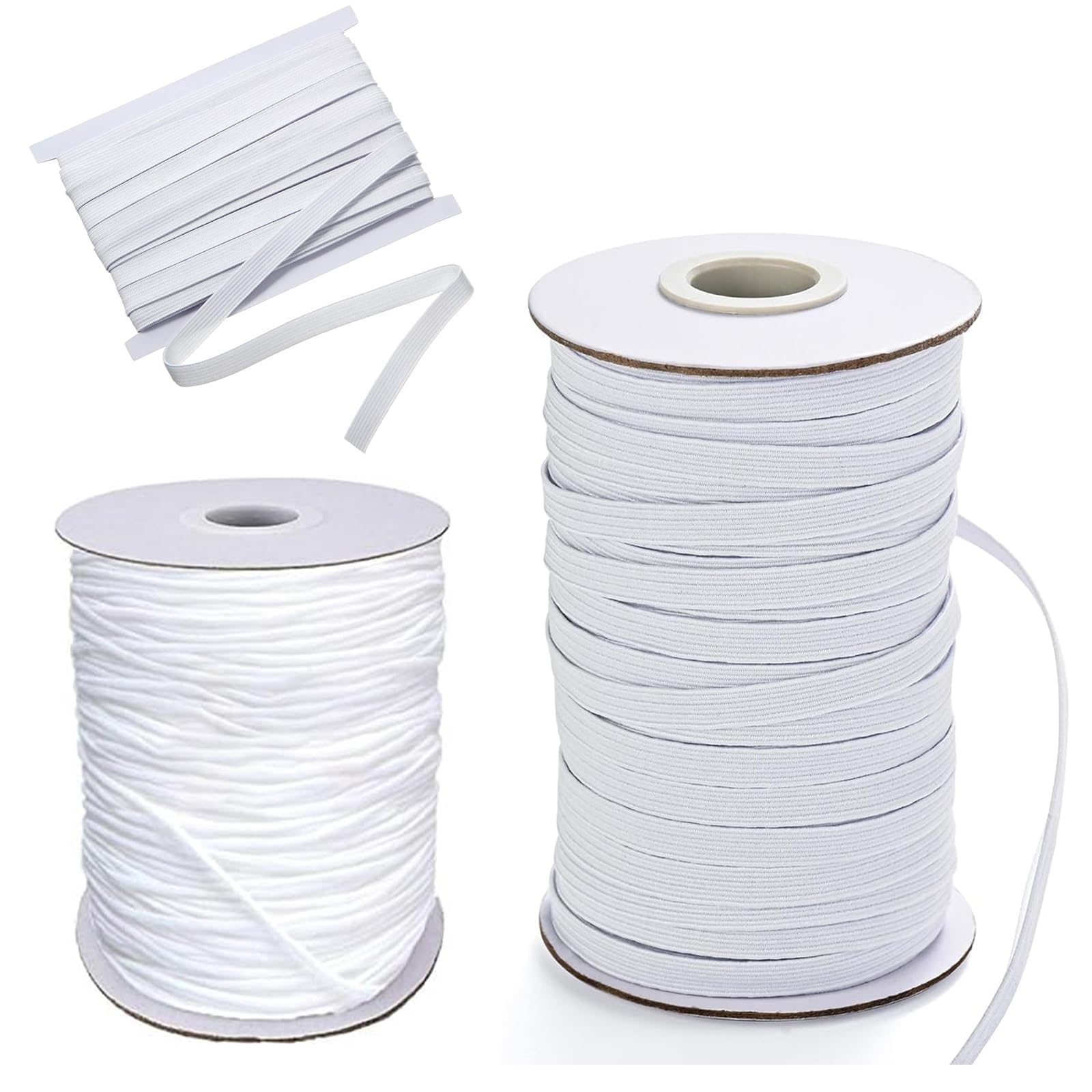 3Pcs Elastic for Sewing(4mm/24m, 6mm/15m & 12mm/8m), White High Elastic Cord for Sewing DIY Projects, Dressmaking, Headbands, Trouser, Wig Band(White, Total 47 Metre)