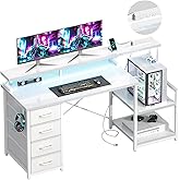 ODK 55 Inch Computer Gaming Desk with Power Outlets & 4 Drawers, Home Office Desk with Monitor Stand & Printer Shelves, White