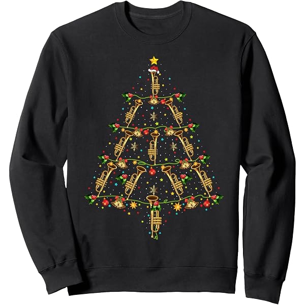 Sweatshirt Noël Avec Motif Trompette Et Guirlandes Lumineuses - Coupe Classique, Col Tissé - Cadeau Festif Pour Musiciens