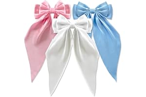Loqpol 3 PCS Silky Satin Hair Bows, Oversized Long Tail Bows with Barrette Clips, Coquette Hair Accessories for Women and Girls (Light Pink - Blue - White)