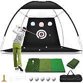 Golf Net, 10x7FT Home Golf Hitting Aids Equipment with Foldable Tri-Turf Mat for Backyard Driving Chipping Swing with Training Target/Balls/Tee for Outdoor Indoor, Gifts for Men Him Dad Boys Golfers