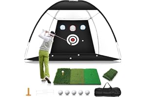 TOSOZE Golf Net, 10x7FT Home Golf Hitting Aids Equipment with Foldable Tri-Turf Mat for Backyard Driving Chipping Swing with Training Target/Balls/Tee for Outdoor Indoor, Gifts for Men Him Dad Boys Golfers