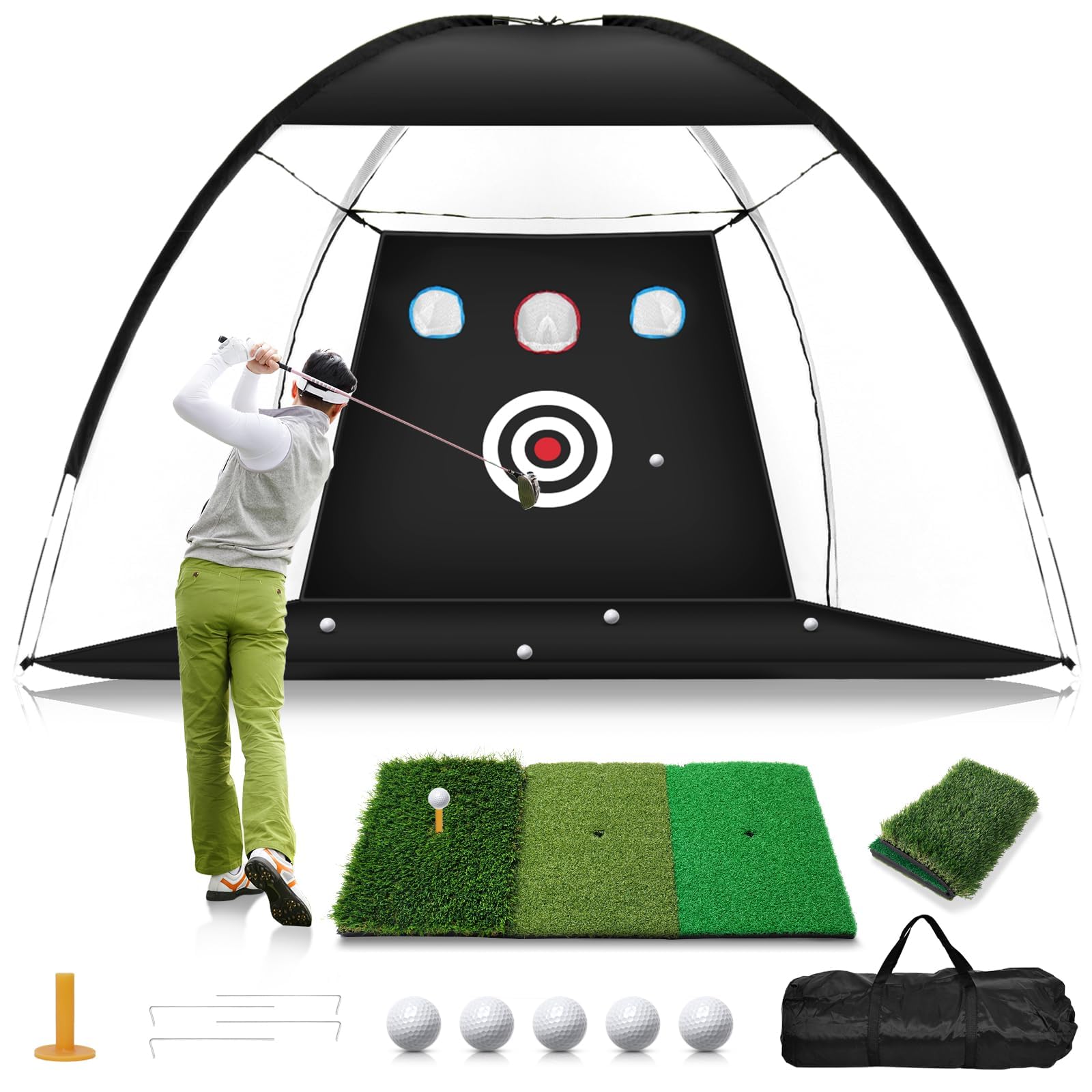 Photo 1 of Golf Net, 10x7FT Home Golf Hitting Aids Equipment with Foldable Tri-Turf Mat for Backyard Driving Chipping Swing with Training Target/Balls/Tee for Outdoor Indoor, Gifts for Men Him Dad Boys Golfers