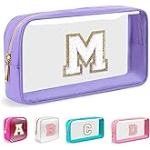 Small Clear Personalized Initial Makeup Bag,Nylon Preppy A-Z Chenille Letter Patch Cosmetic Pouch Beach Toiletry Bag,Waterproof Zip Travel Purse Storage Bag Organizer for Women Girls(Purple-White M)