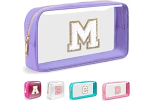 Mini Clear Personalized Initial Makeup Bag, Nylon Preppy A-Z Chenille Letter Patch Zipper Cosmetic Bag, Small Cute Pouch Trav