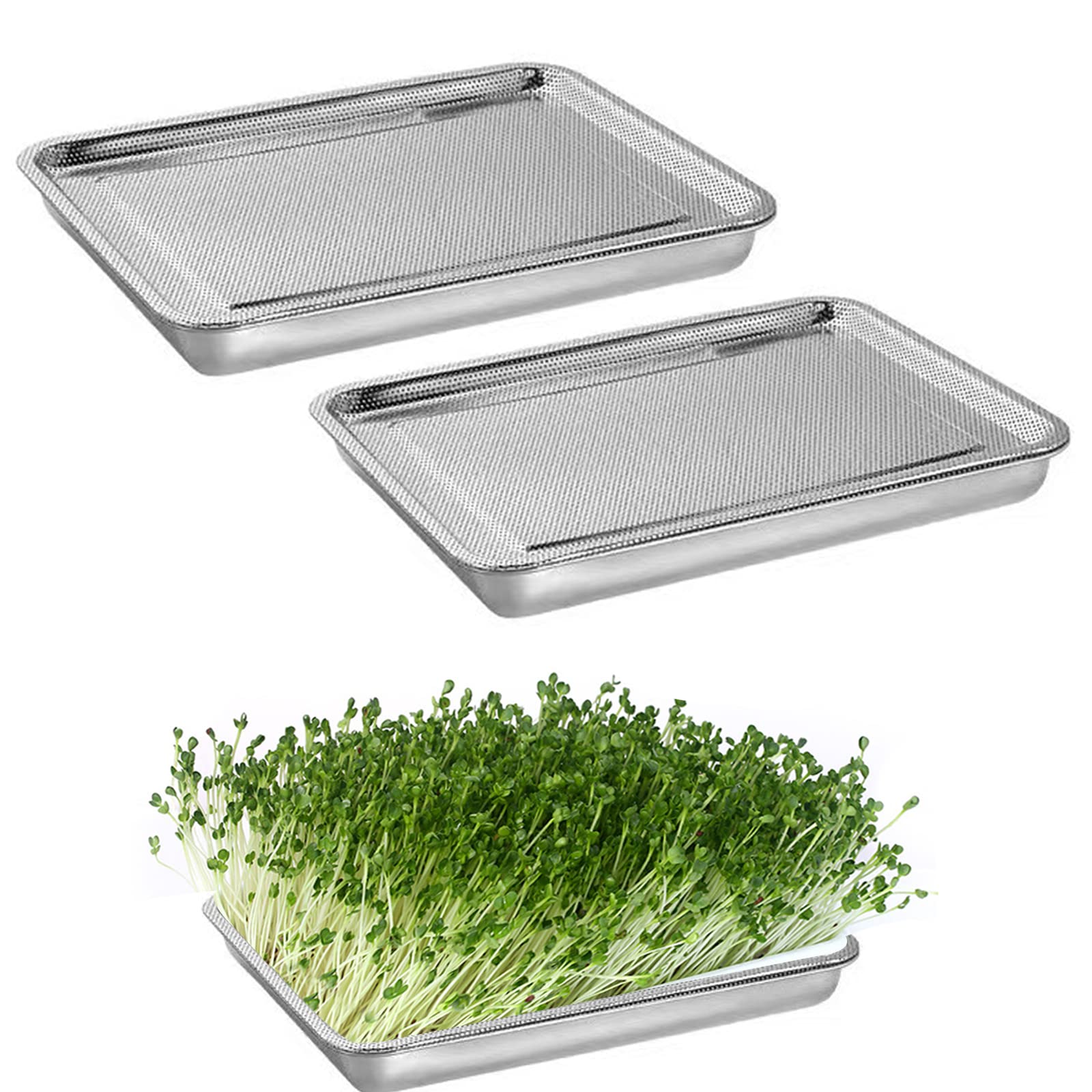 Photo 1 of Ecmln Seed Sprouter Tray,Stainless Steel Seed Germination Tray Kit, Fresh Organic Bean Sprout Grower Kit with Base Set for Alfalfa Seeds Wheat Grass Growing Kit (2PCS)