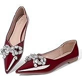 Flats for Women Comfortable Leather Pointed Toe Ballerina Shoes Rhinestone Bow Comfort Slip On Flats Light Weight Dress Shoes Wine Red-9.5