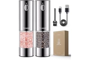 TOMEEM Upgraded Larger Capacity Electric Salt and Pepper Grinder Set Rechargeable with LED lights, Stainless Steel Automatic Pepper and Salt Grinder Refillable with 5 Adjustable Coarseness