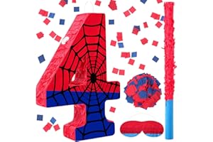 Simgoing Number 4 Spider Web Piñata Bundle with Blindfold Small Piñata Birthday Party Decoration for Mexican Fiesta Cinco De Mayo Anniversary Celebration Gift, 15.75 x 11 x 2.8 In(Red Blue)