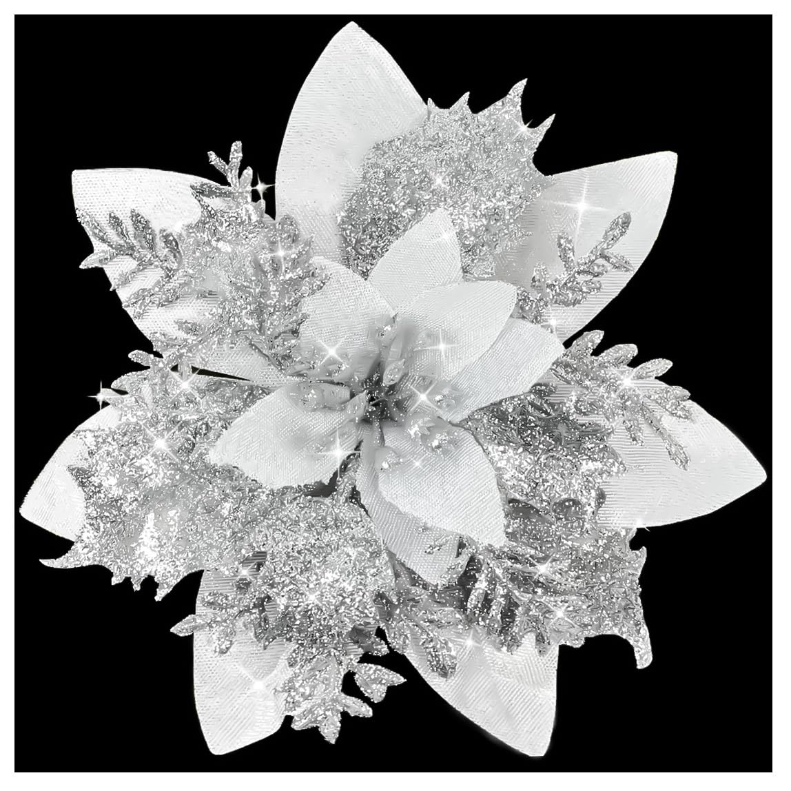 Photo 1 of 10 Pcs Fake Flowers Poinsettia Artificial Silver and White Flower 5.5" Christmas Tree Ornaments for Spring Easter Home Kitchen Wedding Bouquet Mother's Gift Day Decorations
