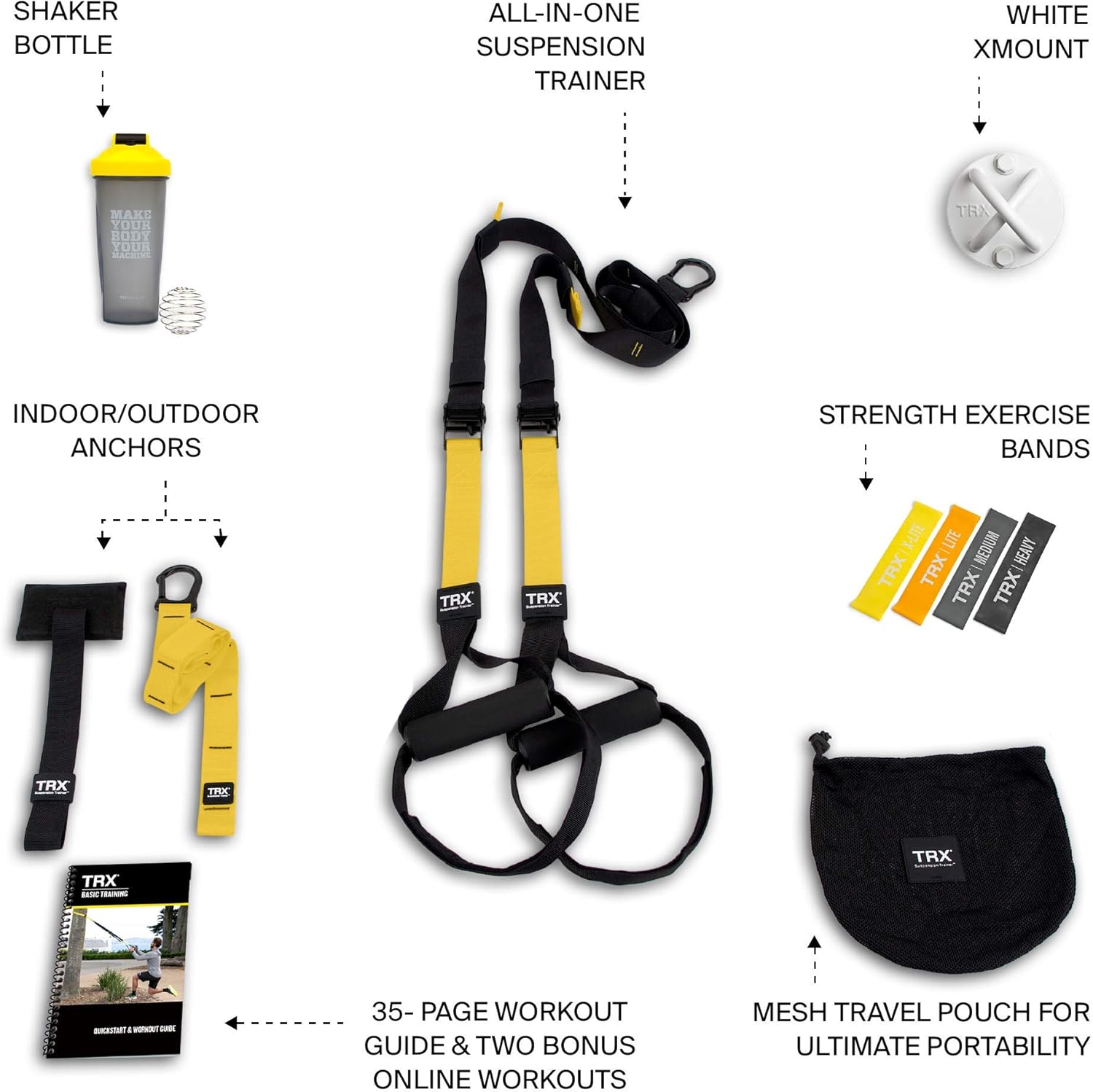 TRX All In One Home Gym Bundle: Includes All-In-One Suspension Trainer, Indoor & Outdoor Anchors, TRX XMount Wall Anchor, 4 Exercise Bands & Shaker Bottle​ : Sports & Outdoors