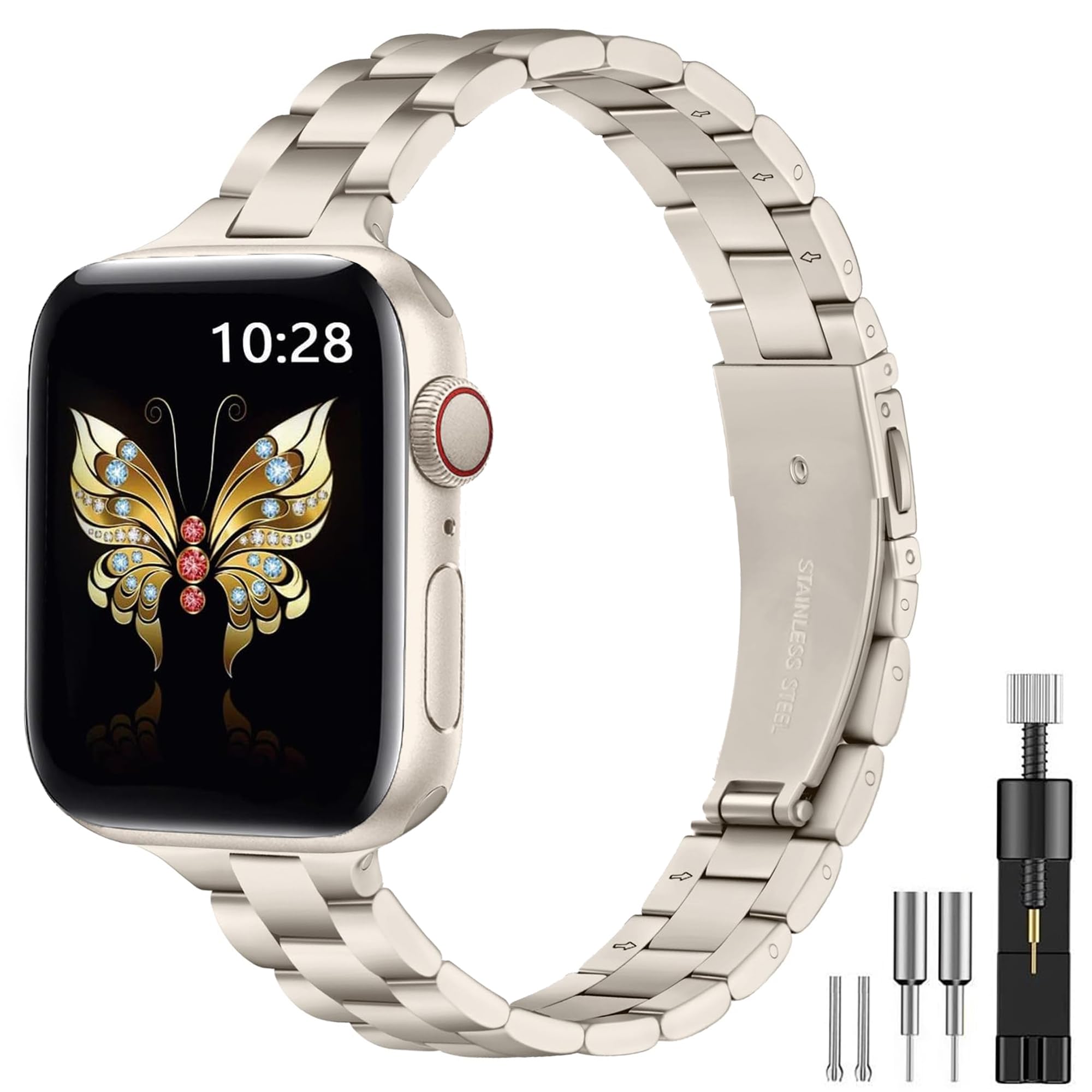 Women Slim Metal Strap Compatible with Apple Watch Straps 38mm 40mm 41mm 42mm 44mm 45mm 46mm 49mm, Stainless Steel Strap with Installation Tool for iWatch Ultra1 2 3, SE Series 11/10/9/8/7/6/5/4 — image 1