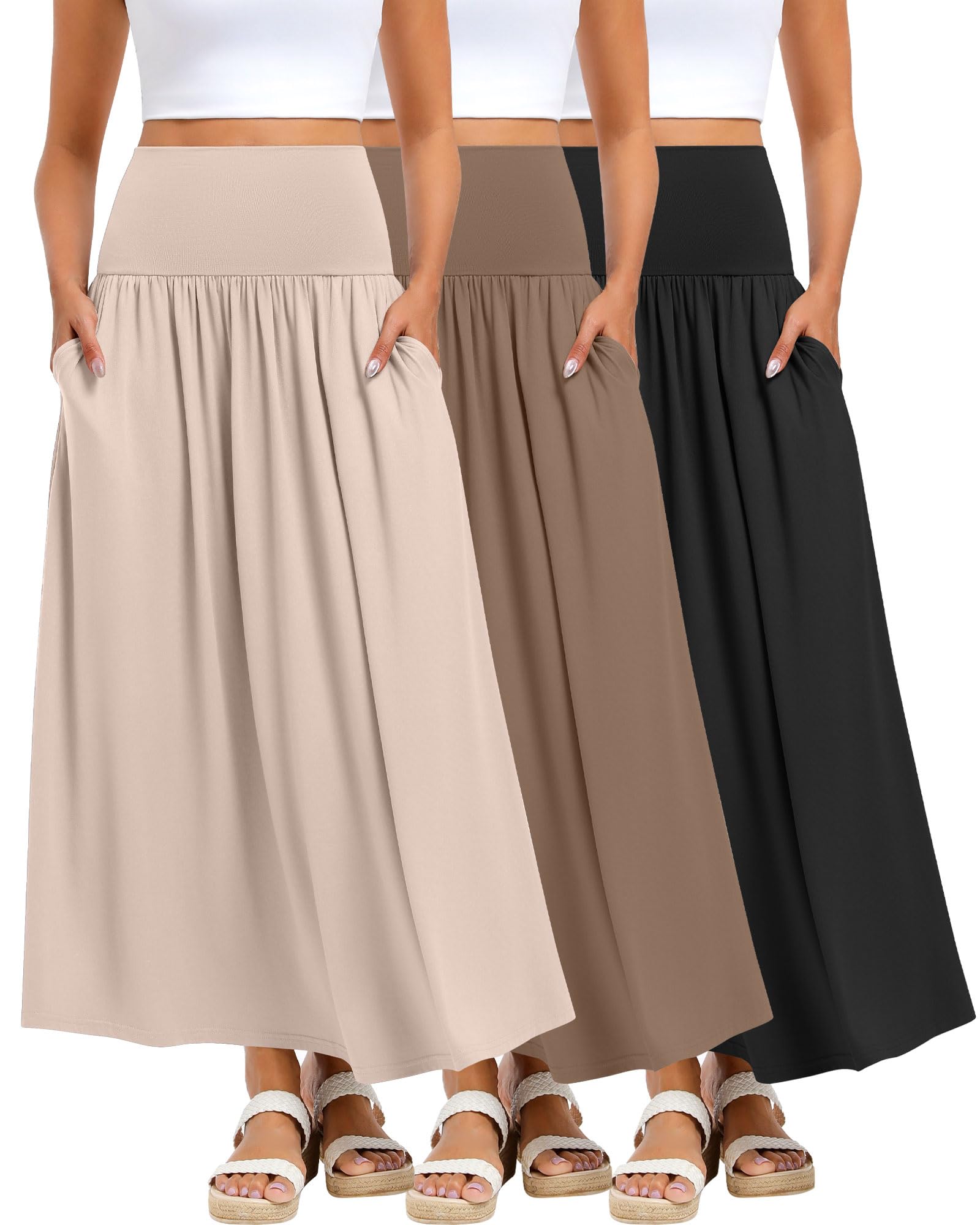Photo 1 of Ficerd 3 Pack Maxi Long Skirts for Women, Ankle Length High Waisted Pleated A Line Flowy Summer Casual Skirts with Pockets(Apricot, Brown, Black,Small)