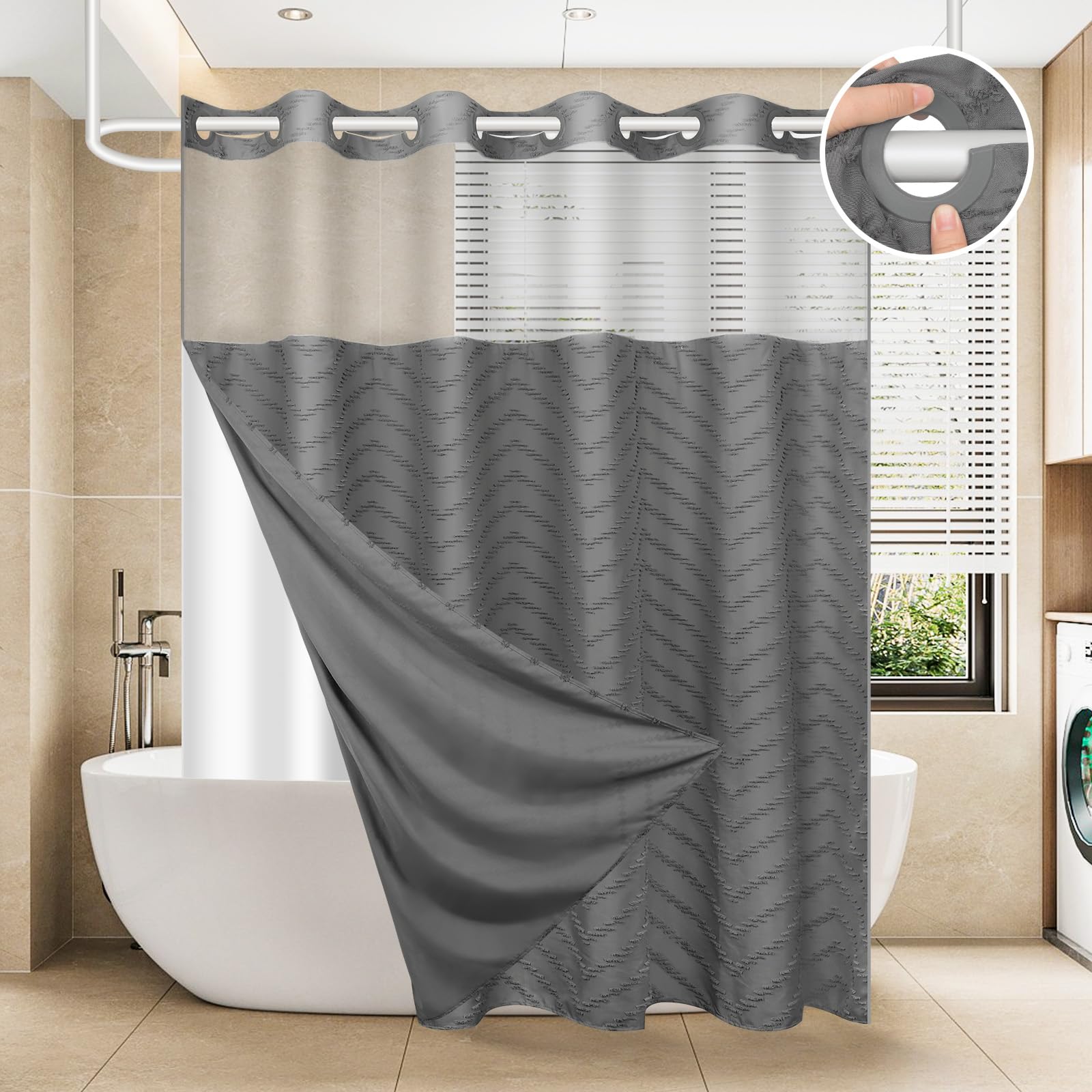 Photo 1 of FADOTY No Hook Shower Curtain and Snap in Liner Set Grey Tufted Chevron Striped Cloth Waterproof Washable Fabric Boho Gray Bath Curtain with See Through Mesh Top Window for Bathroom Hotel 71" x 86"