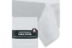 HOUZZKINGZ USA Paper Tablecloths for Rectangle Tables | 54” X 108” – 4 Pack | White Paper Disposable Tablecloth | 3-Ply Premium Paper & Plastic Table Cloths for Parties Disposable
