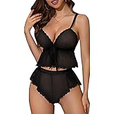 Kolagri Women Sexy Lingerie Mesh Pajamas Set Polka Dots See Through Sleepwear Sheer Cami Top and Shorts Teddy Nightwear