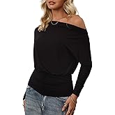 CSDAJIO Off The Shoulder Asymmetrical Tops for Women Long Sleeve Ruched Dolman Shirt Going Out Outfits