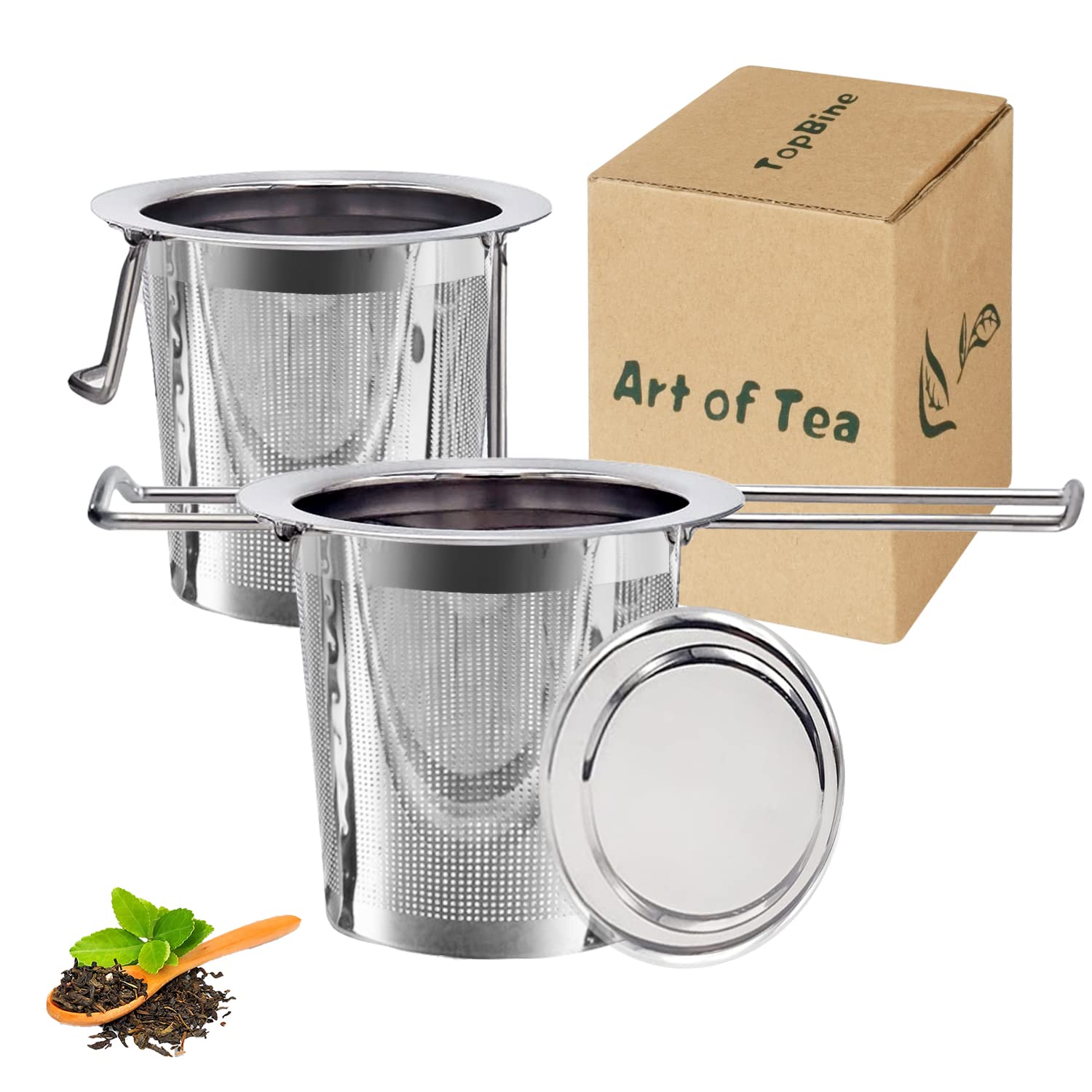 TopBine 2 pcs Tea Infuser, 304 Stainless Steel Tea Strainer with Lid and Foldable Handle, Tea Filter for Teapots Cups Mugs to Brewing Steeping Loose Leaf