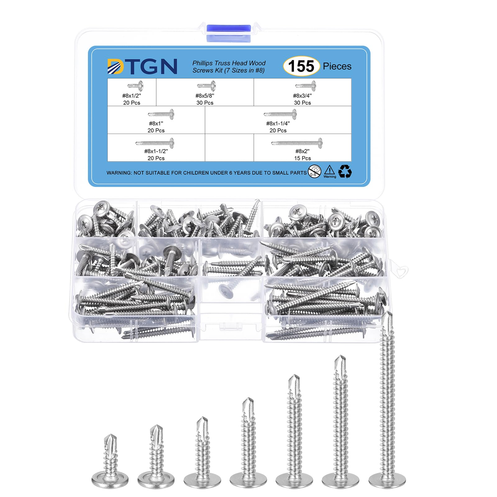DTGN Wood Screws Assortment Kit - 155Pack - for Wood, Furniture - 7 Sizes 410 Stainless Steel #8 Phillips Truss Head Silver Self Drilling Tapping Screws