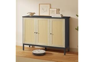 Gizoon Rattan Sideboard Buffet Kitchen Storage Cabinet with 3 Doors Accent Cabinet, Dining Room, Hallway, Cupboard Console Table, 42.7X 15.6X 34.9 Inches, Black
