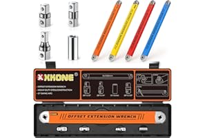 XKONE Offset Extension Wrench Set,15.4" Wrench with 1/4",3/8",1/2" Square Drive Adapters and 1/4" Socket for Tight Spaces.