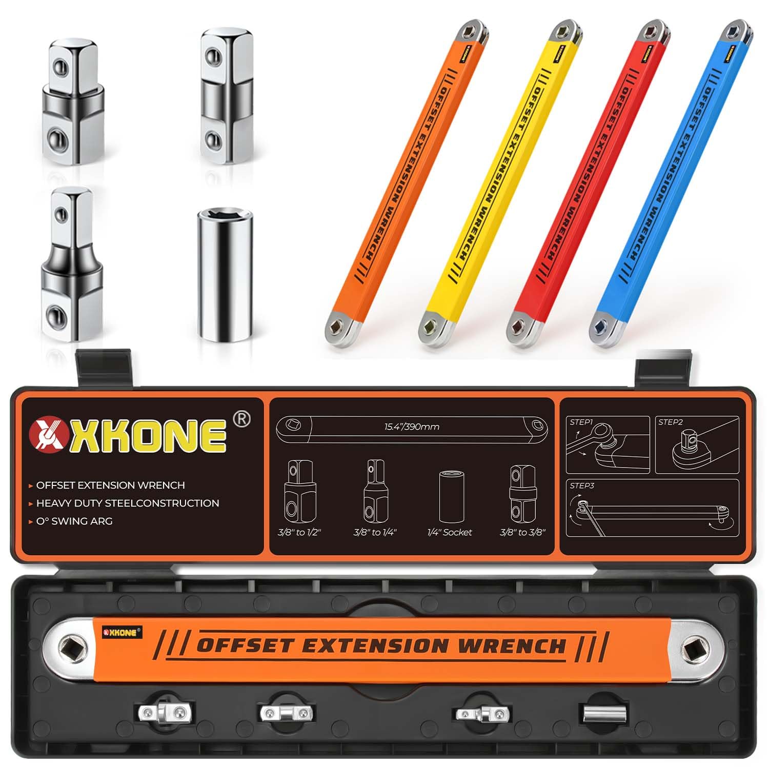Photo 1 of XKONE Offset Extension Wrench Set(4 Colors),15.4" Wrench with 1/4",3/8",1/2" Square Drive Adapters and 1/4" Socket for Tight Spaces.