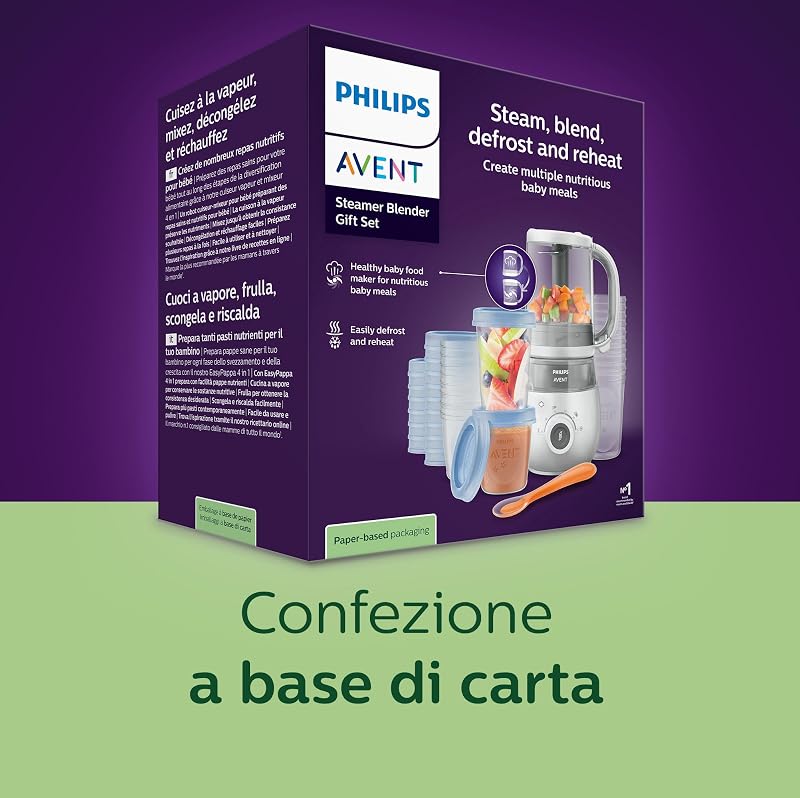 Philips Avent Steamer Blender Gift Set - EasyPappa 4 in 1, cuoci a vapore, frulla, scongela e riscalda facilmente le pappe, con vasetti e coperchi, SCF883/20