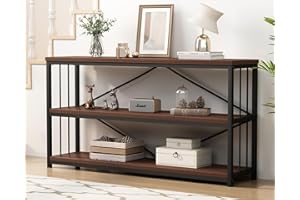 LVB Wood Console Entryway Table, Metal Wooden 3 Tier Sofa Table with Storage, Industrial Entry Tables Behind Couch for Living Room, Narrow Long Accent Foyer Tables for Front Hallway, Walnut, 55 Inch