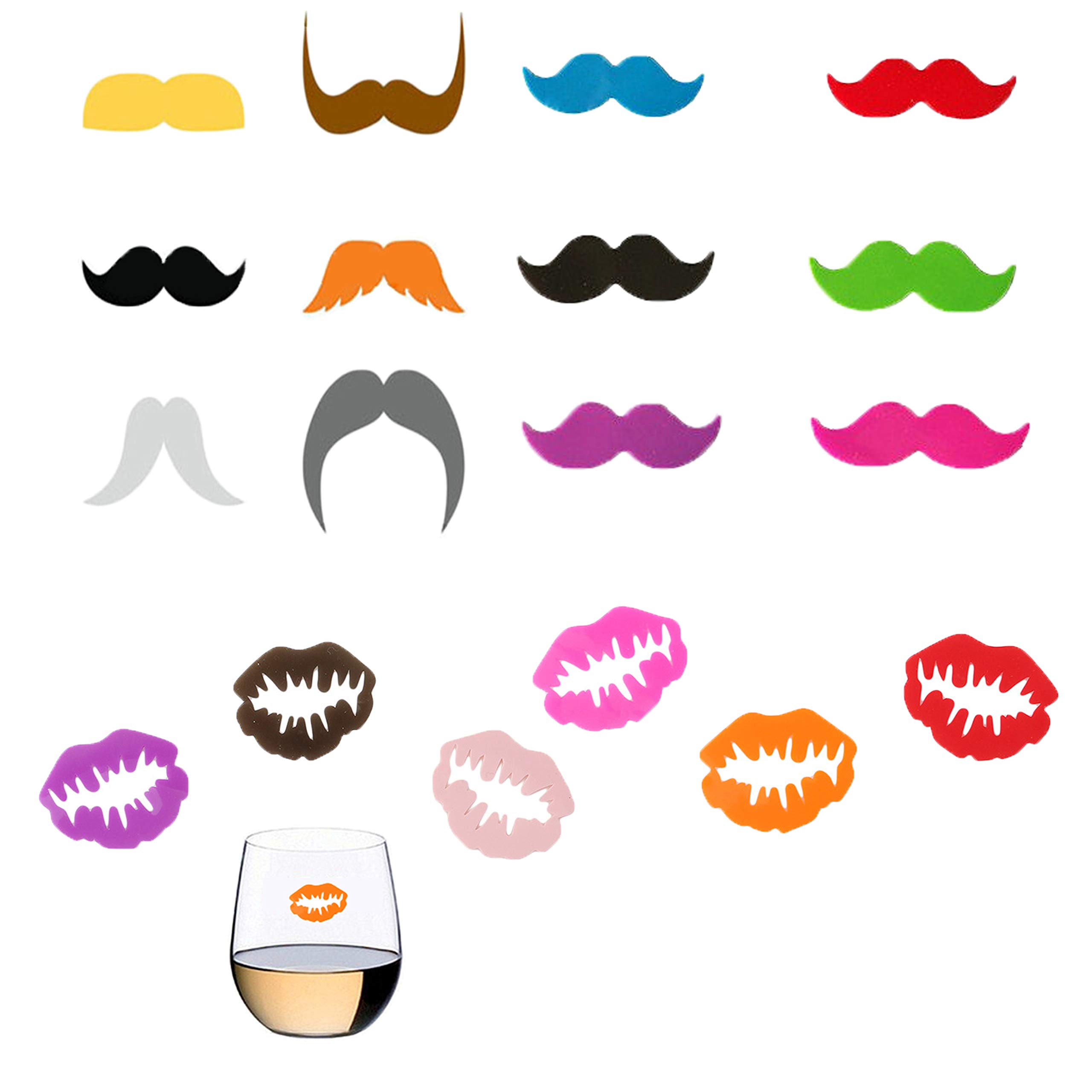YAVO-EU 18 Pieces Wine Glass Mark Silicone Recognizer Multicolor Wine Drink Markers for Party Bar Table Decorations Home use (Moustache and lips)