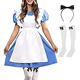 ALIREVERIE Women Halloween Blue White Puff Sleeve Princess Costume Dress with Apron Headband Socks 4-Piece Set XS–XXL