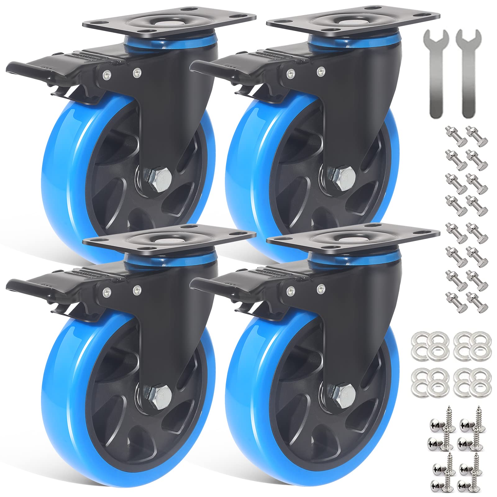 IQWTU 125MM Heavy Duty Castor Wheels, Furniture Castors with Brakes, Double Bearing PU Trolley Wheels, Rubber Swivel Casters, 4 Industrial Plate Casters, 800KG Capacity — image 1