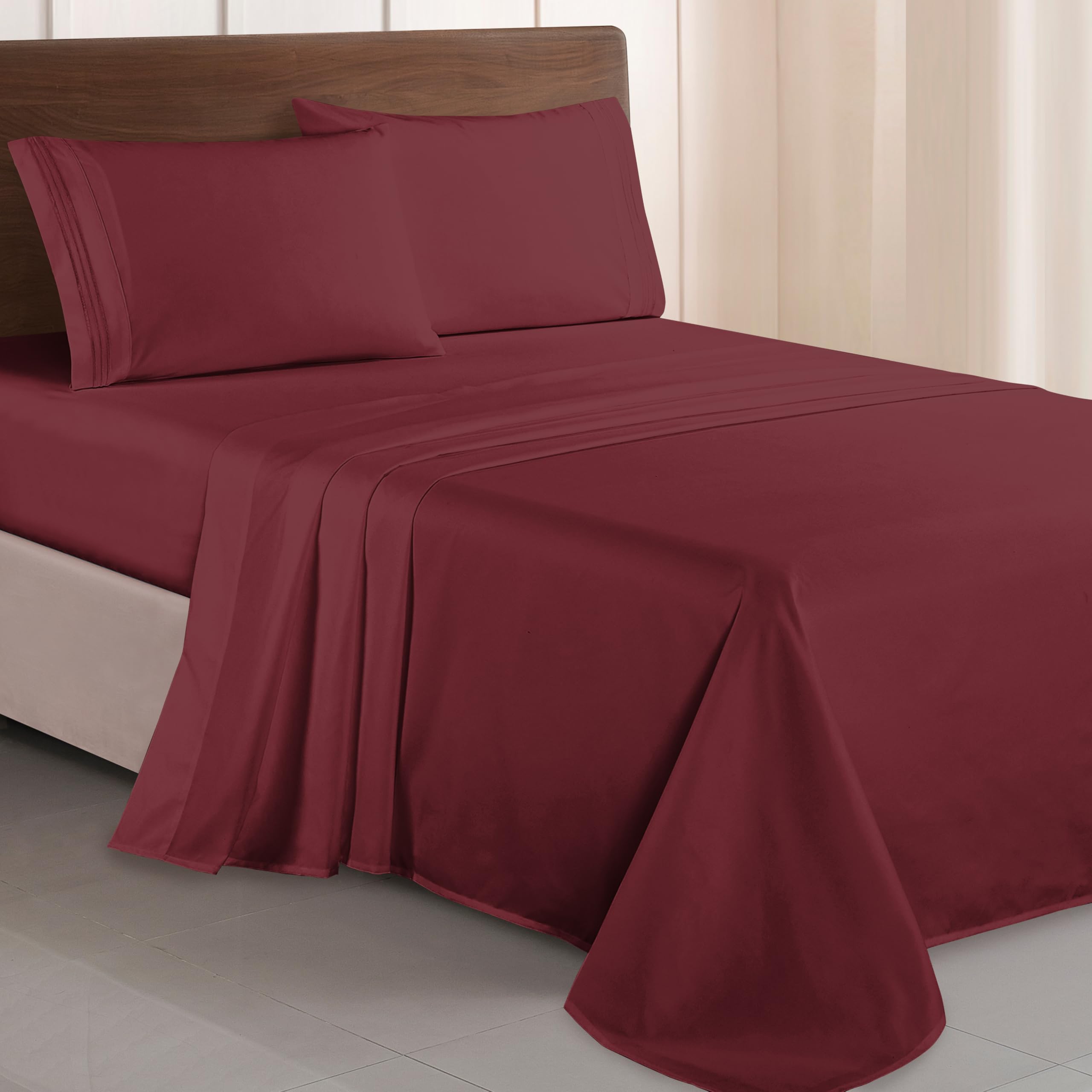 Elegant Comfort Luxurious 1500 Thread Count Egyptian Quality Three Line Embroidered Softest Premium Hotel Quality 4-Piece Bed Sheet Set, Wrinkle and Fade Resistant, King, Burgundy — image 1
