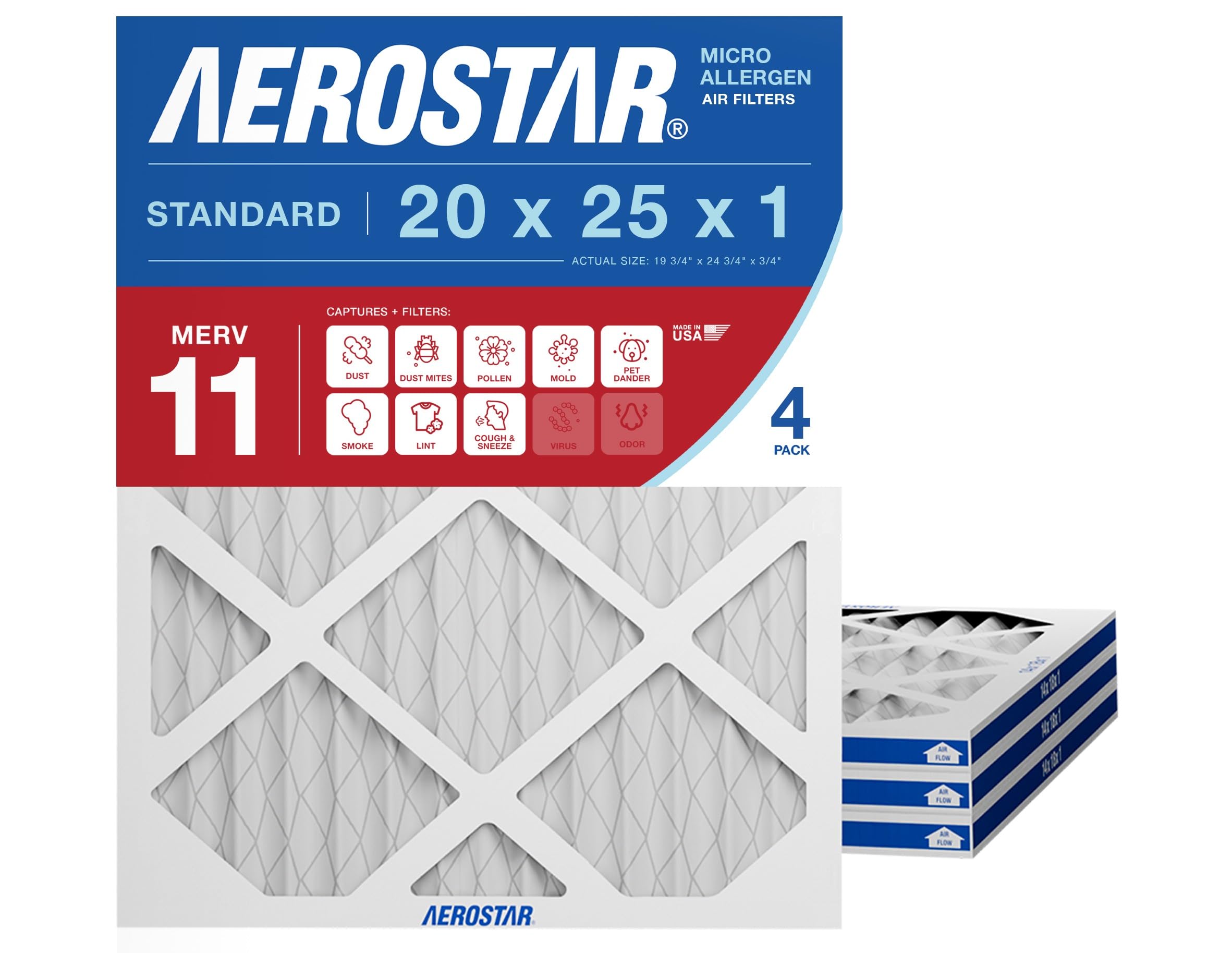 Aerostar 20x25x1 MERV 11 Air Filter, 4 Count, ACTUAL SIZE (19.75 x 24.75 x 0.75), HVAC, Air Conditioning & Furnace Filter for Dust, Pet Dander, Smoke & Allergies (MPR 1200 / FPR 7), Made in USA Image