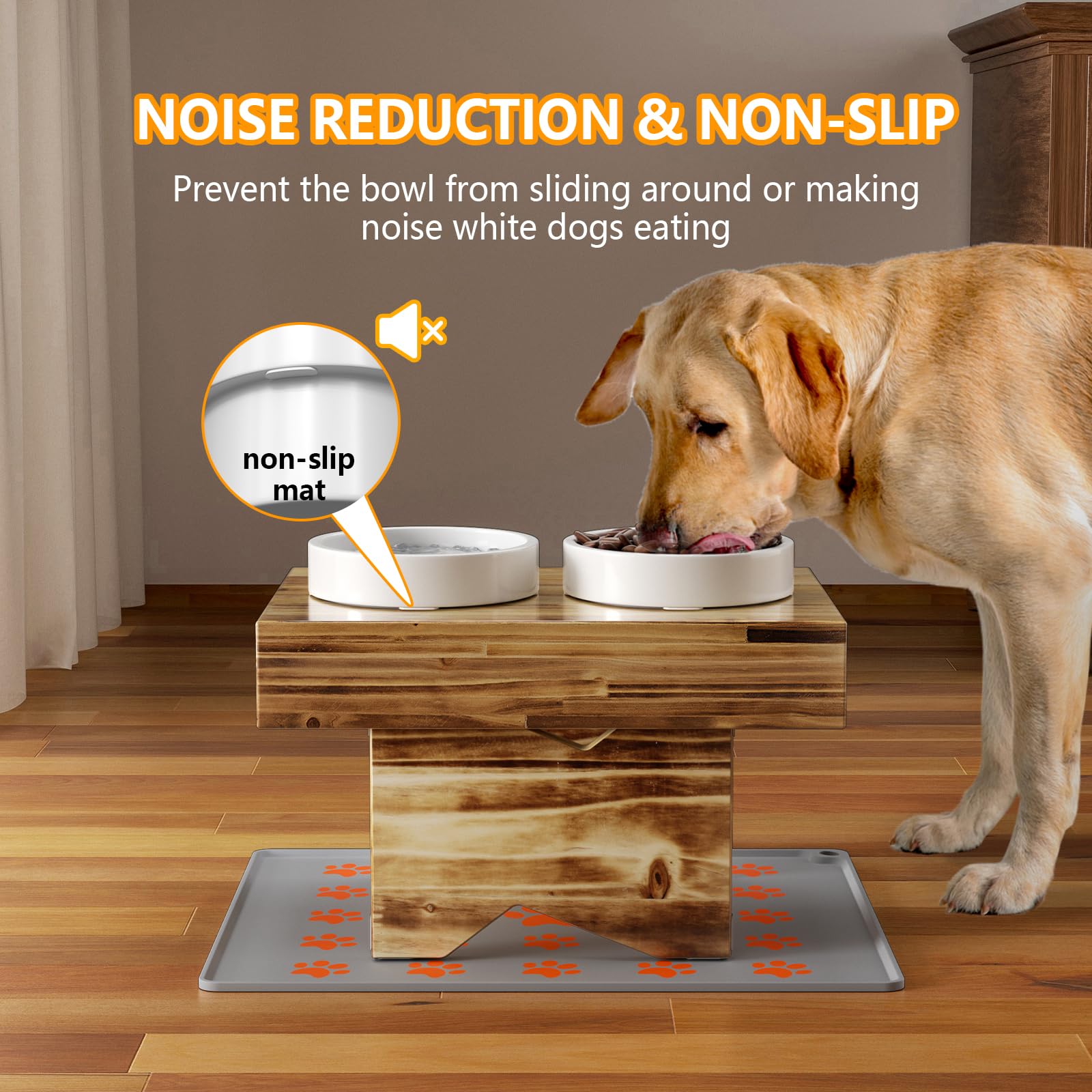 AMENER Elevated Dog Bowls for Medium/Large Dogs with Non-Slip Mat, 3 Height Adjustable Wood Stand Dog Raised Bowl with 2 Ceramic Pet Food Water Bowls(1.5L/50oz*2) (Lightwood)