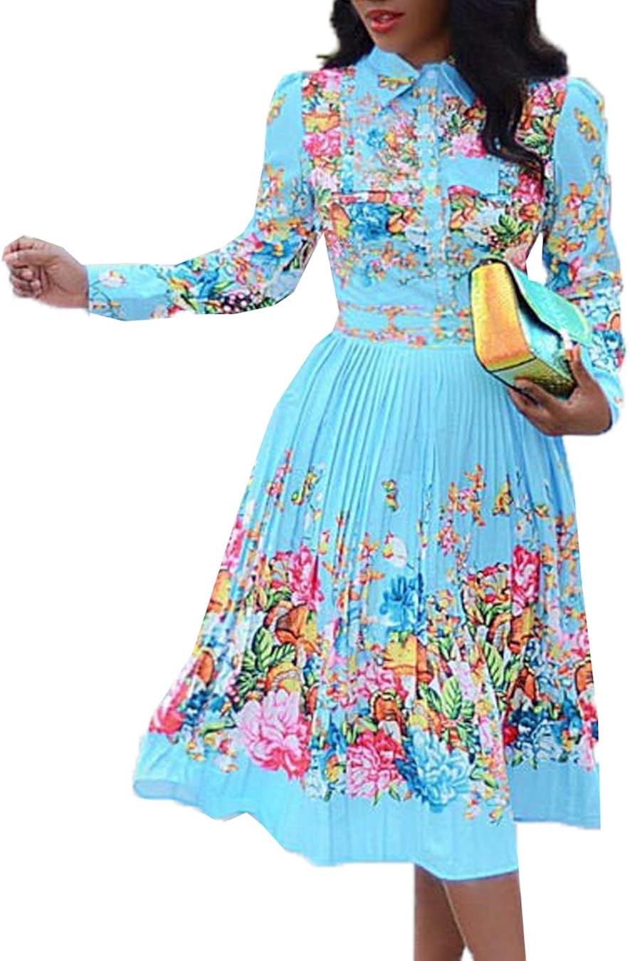 Amazon.com: Womens Floral Dresses Pleated Flared Long Sleeve Fall Maxi Party Dress: Clothing