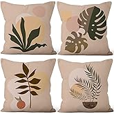 Vie Savaran Abstract Bohemian Throw Pillow Covers 16"x16" Set of 4, Morden Minimalist Geometric Plant Leaves Patterned Pillowcase for Sofa Chair Couch Bed Living Room Office Garden Patio Farmhouse