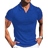 Vuiosrx Men's Collared Muscle Polo Shirts Slim Fit Short Sleeve V Neck T Shirts Men Zipper Ribbed Golf Shirt Casual Stylish