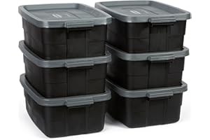 Rubbermaid 6-Pack Totes for Storage with Lids, Heavy Duty Plastic Storage Bins with Lids, Black Gray, 10 GAL - Stackable for Garage, Attic, Camping (10 GAL - 6 Pack Solid Black and Grey)