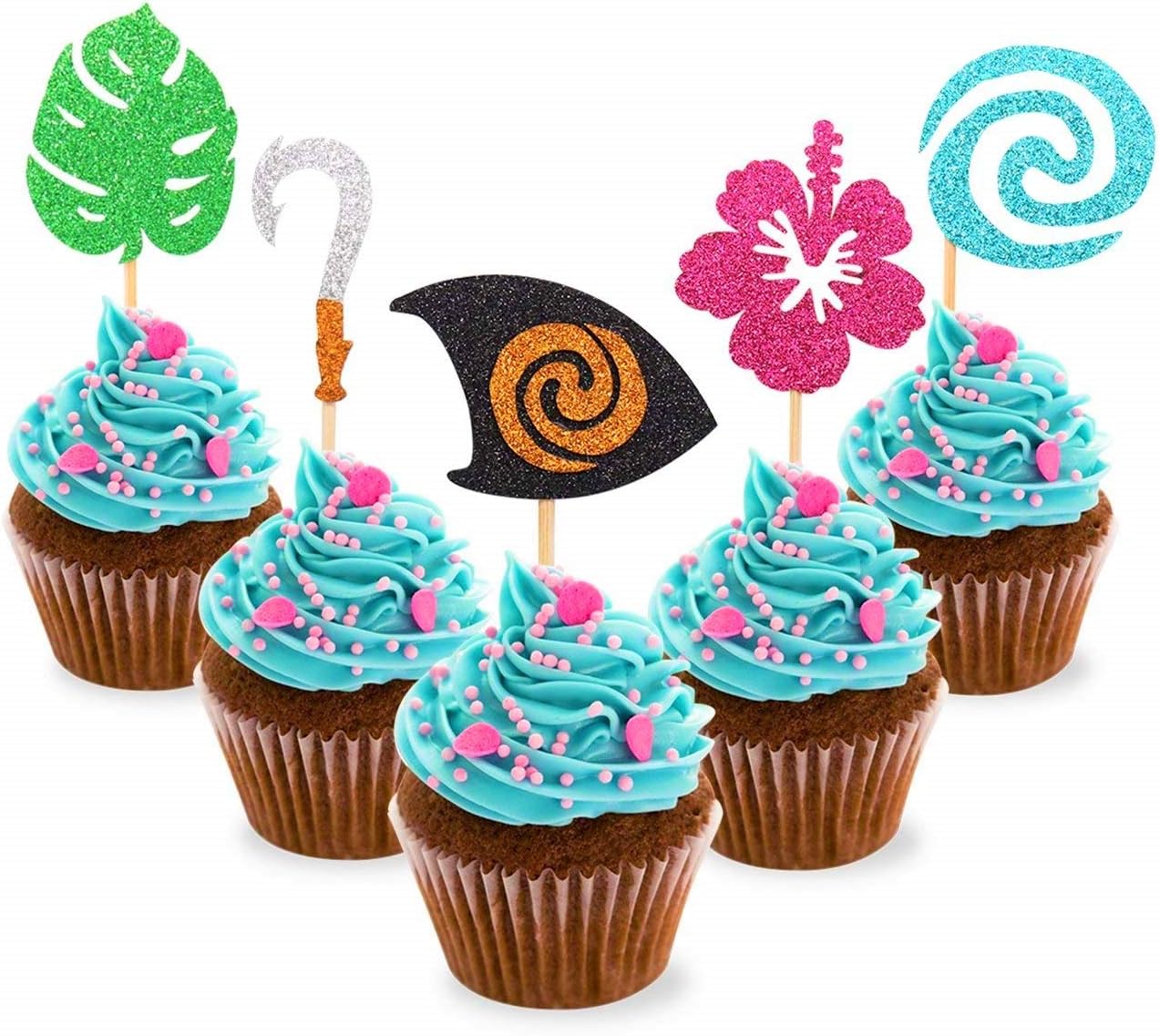 JeVenis Glittery Moana Inspired Cupcake Toppers Moana Cake Toppers Hawaiian Birthday Party Decoration for Tropical Luau Summer Party Baby Shower Wedding - Image 3