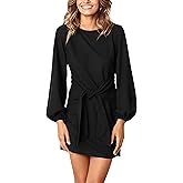 PRETTYGARDEN Womens Spring Elegant Long Lantern Sleeve Short Dress Wedding Guest Crewneck Tie Waist Knit Cocktail Dresses