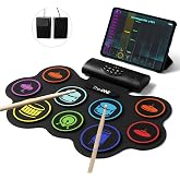 The ONE Electronic Drum Set 9 Pads Roll Up Drum Kit With Free App, Dual Built-in Speakers, Drum Sticks Pedals, Bluetooth MIDI, Great Christmas &amp; Birthday Gift For Kids and Beginners