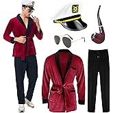 YUIQPKJX Hugh Hefner Costume for Men Adult Captain Robe Outfit Accessory Hat Glasses Pipe Halloween Cosplay Dress Up Prop